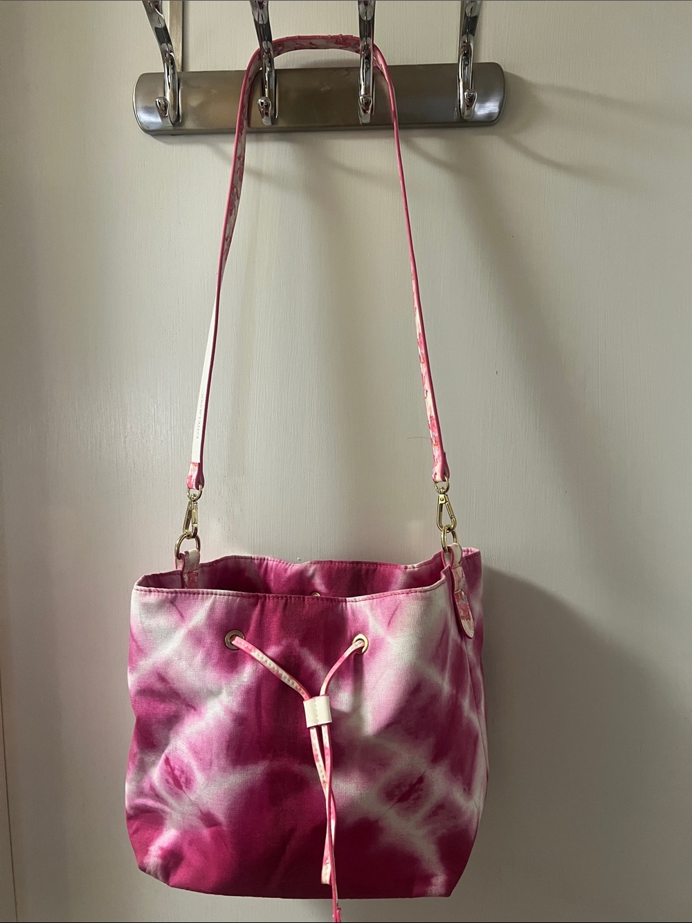 Estee Lauder Pink Tie-Dye Bucket Shoulder Bag with Gold Hardware